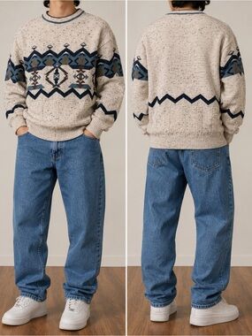 Vintage Marks & Spencer Aztec Knit Sweater Cream Speckled Crewneck Size M/L